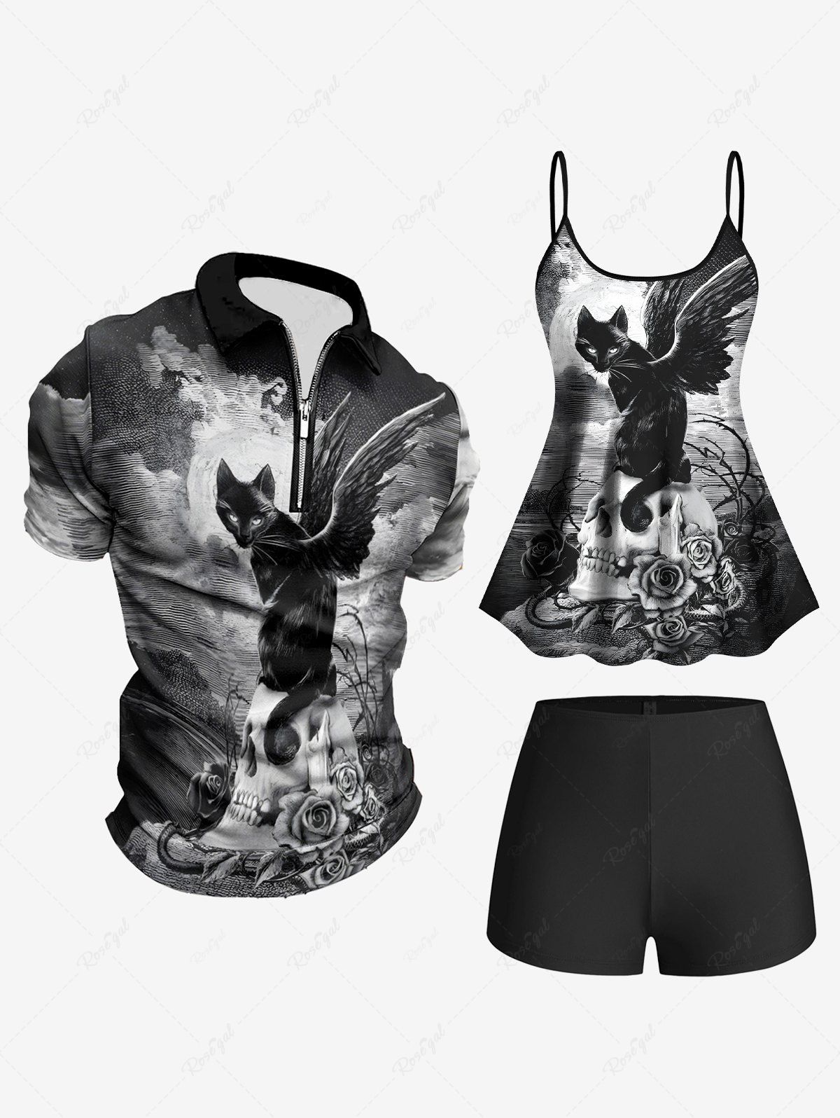 Hot Cat Wing Rose Flower Skull Cloud Sky Print Shirt Swimsuit Plus Size Matching Outfit For Couples  