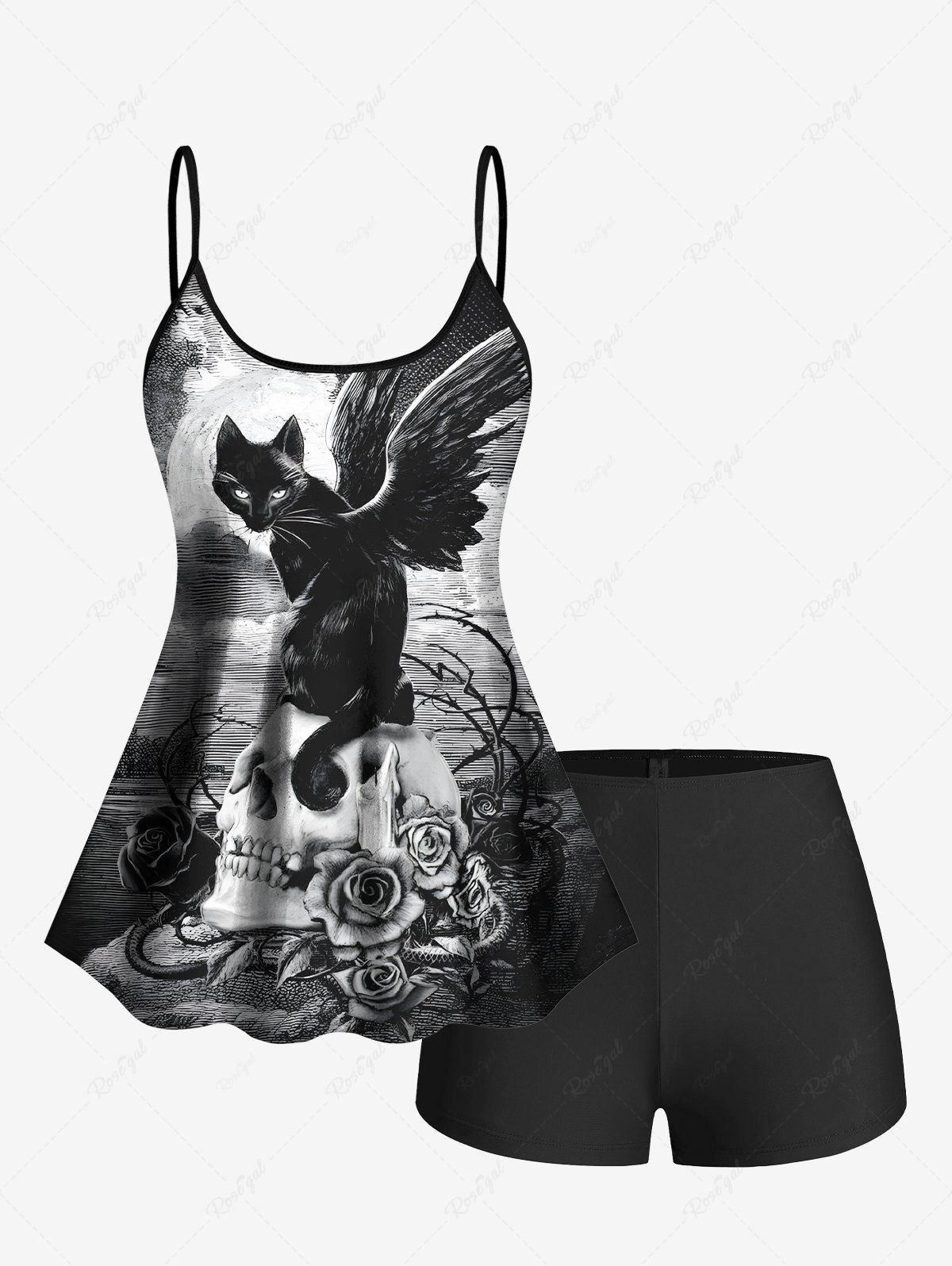 Ensemble tankini et bas de bain grande taille, imprimé ailes de chat, rose, fleur, crâne, nuage, ciel Noir 