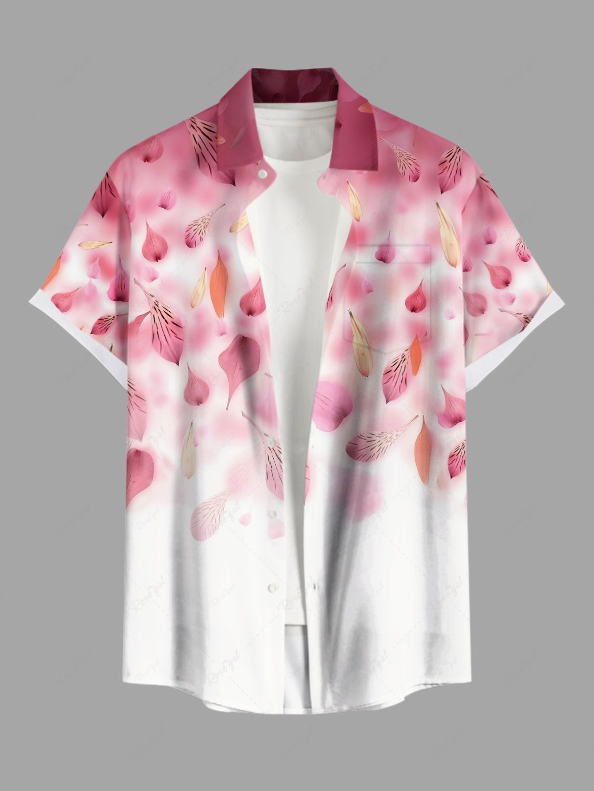 Chemise hawaïenne grande taille à imprimé feuilles ombré et blocs de couleurs, boutons et poches, pour homme Rose clair 2XL