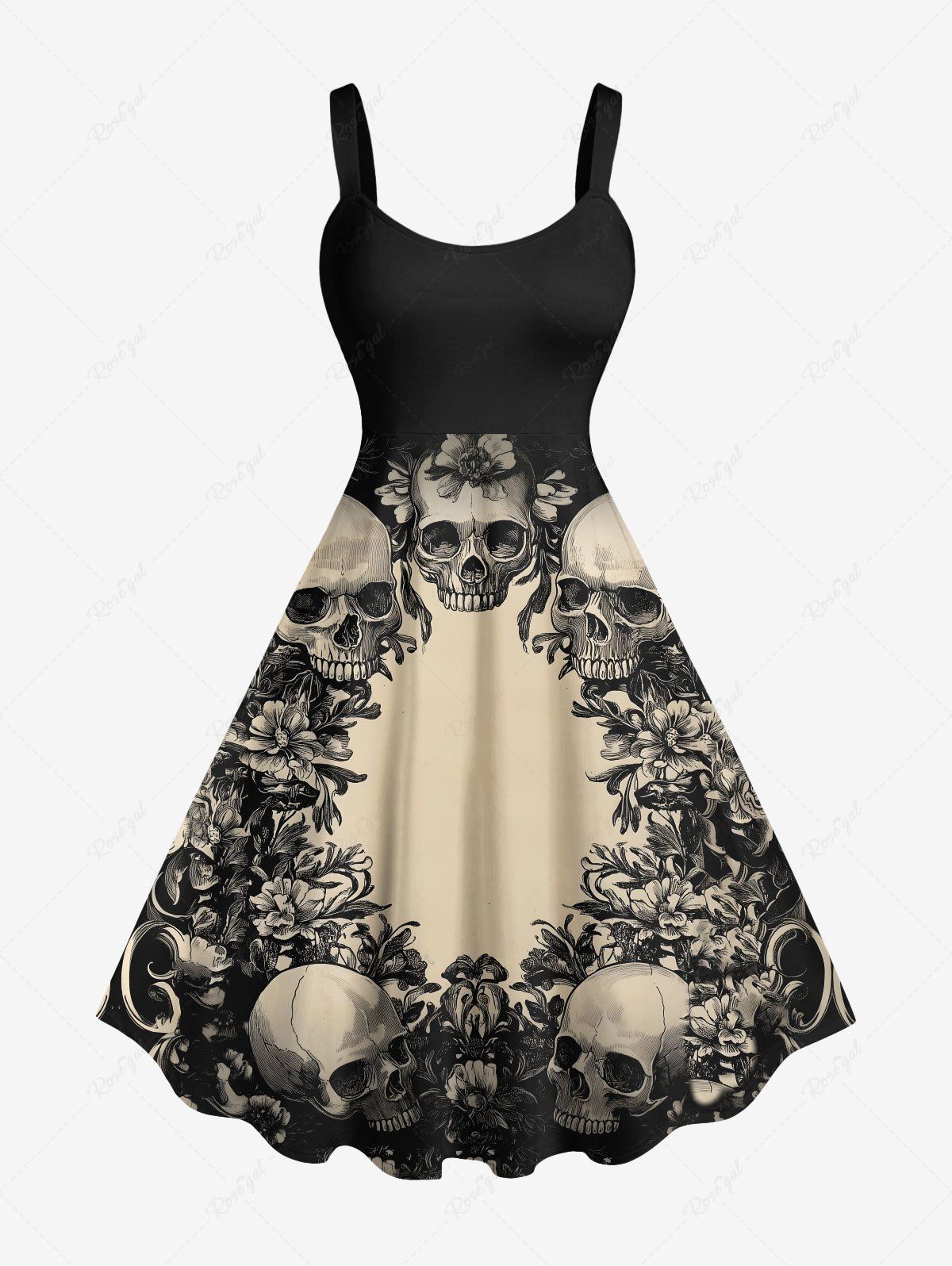 Robe débardeur hawaïenne grande taille à imprimé tête de mort et fleurs Noir 6X
