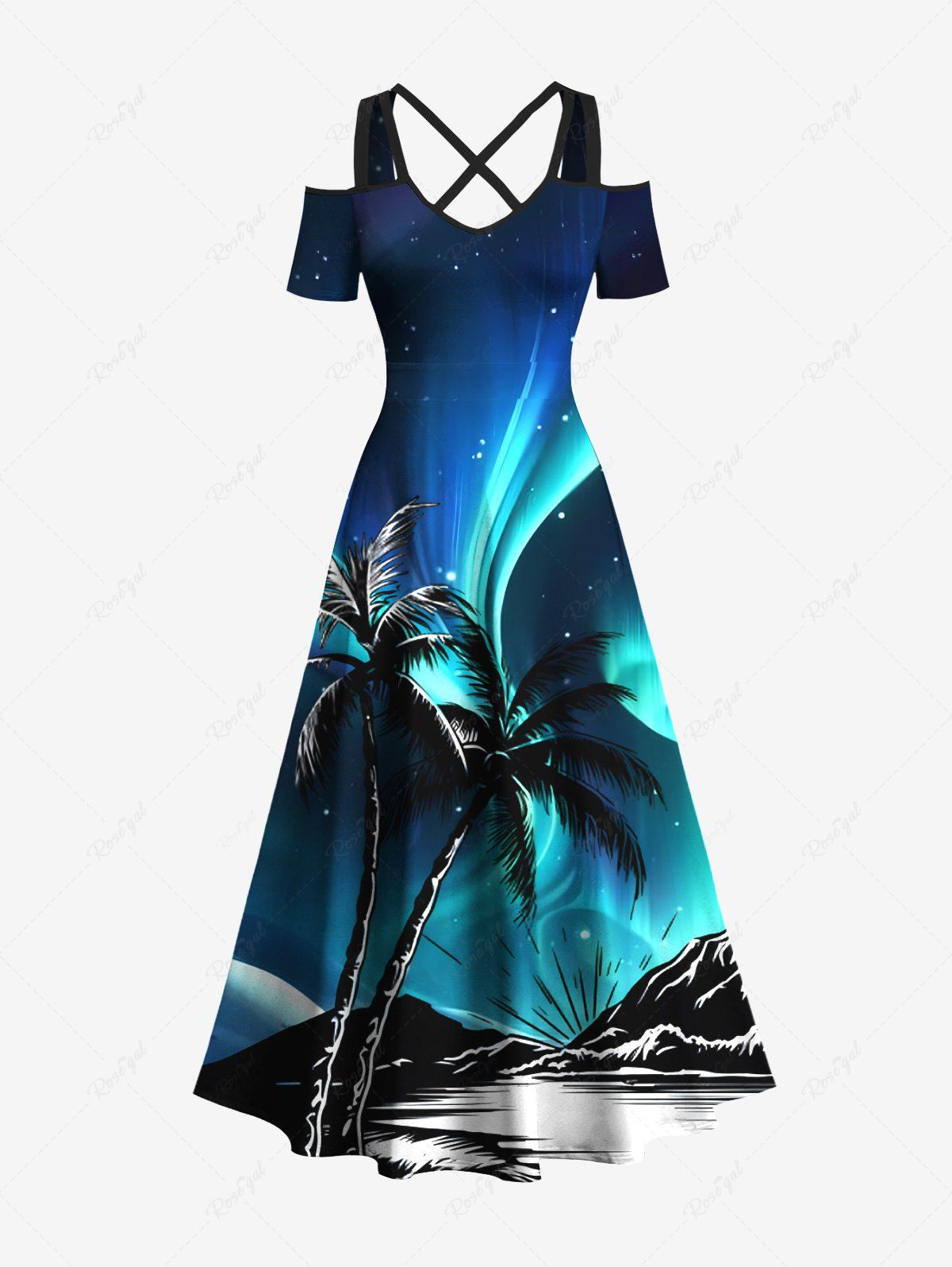 Robe longue hawaïenne grande taille à imprimé cocotiers, mer, montagne, aurore, galaxie, épaules dénudées et croisée Vert profond 6X