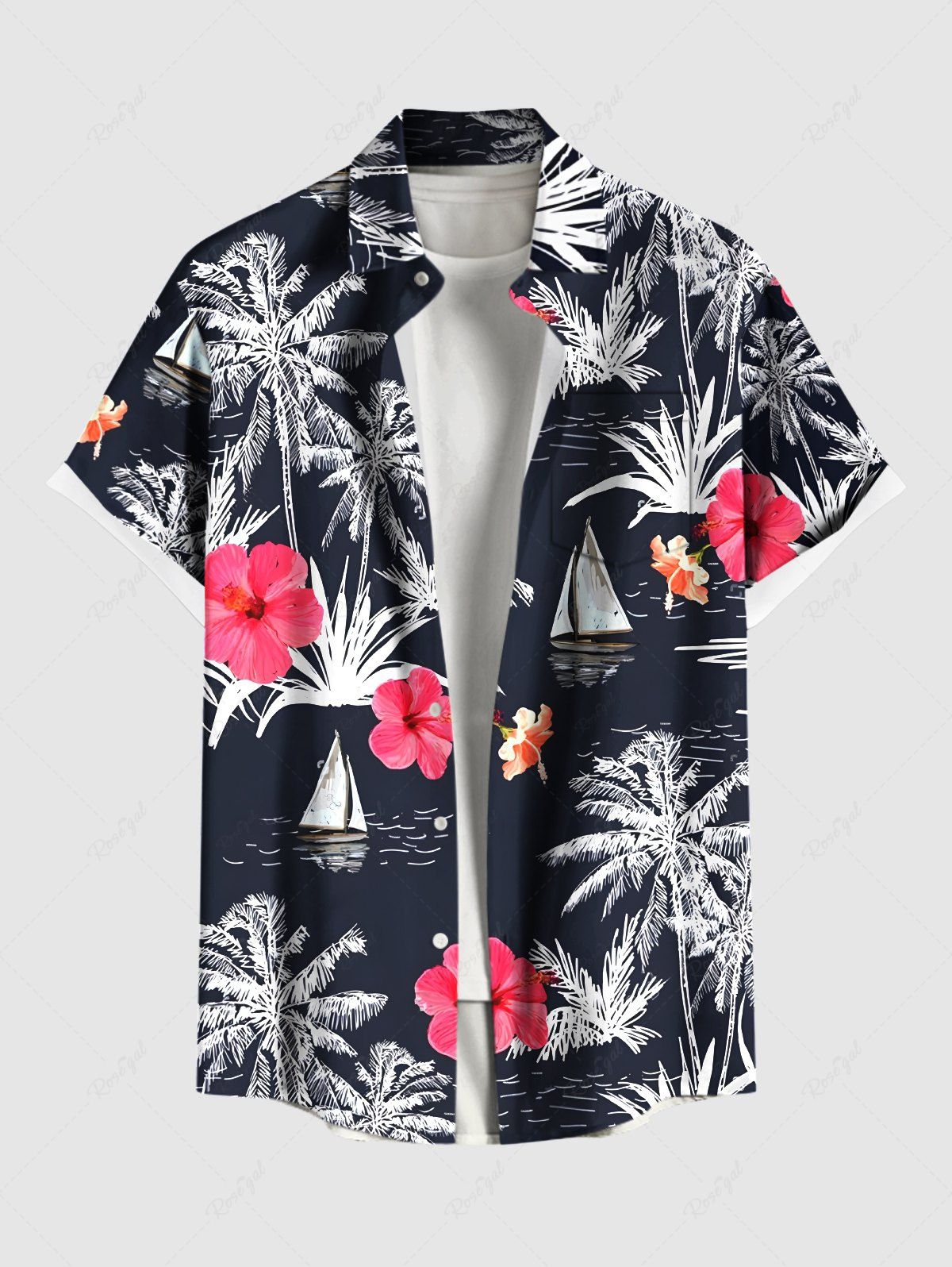Chemise hawaïenne grande taille à imprimé cocotier, hibiscus, fleur, voilier, boutonnée et poche pour homme Noir 6XL