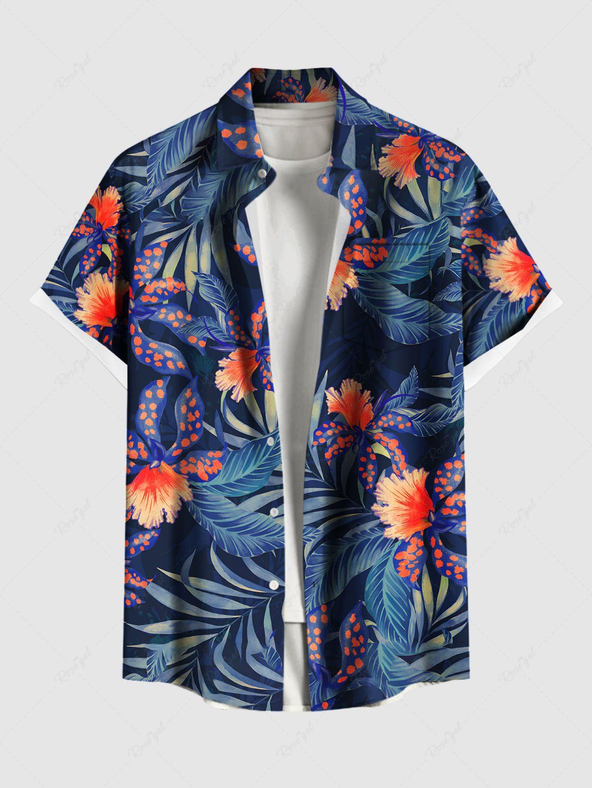 Chemise hawaïenne grande taille à imprimé fleurs, pois, feuilles, boutons, poches pour homme Noir 4XL