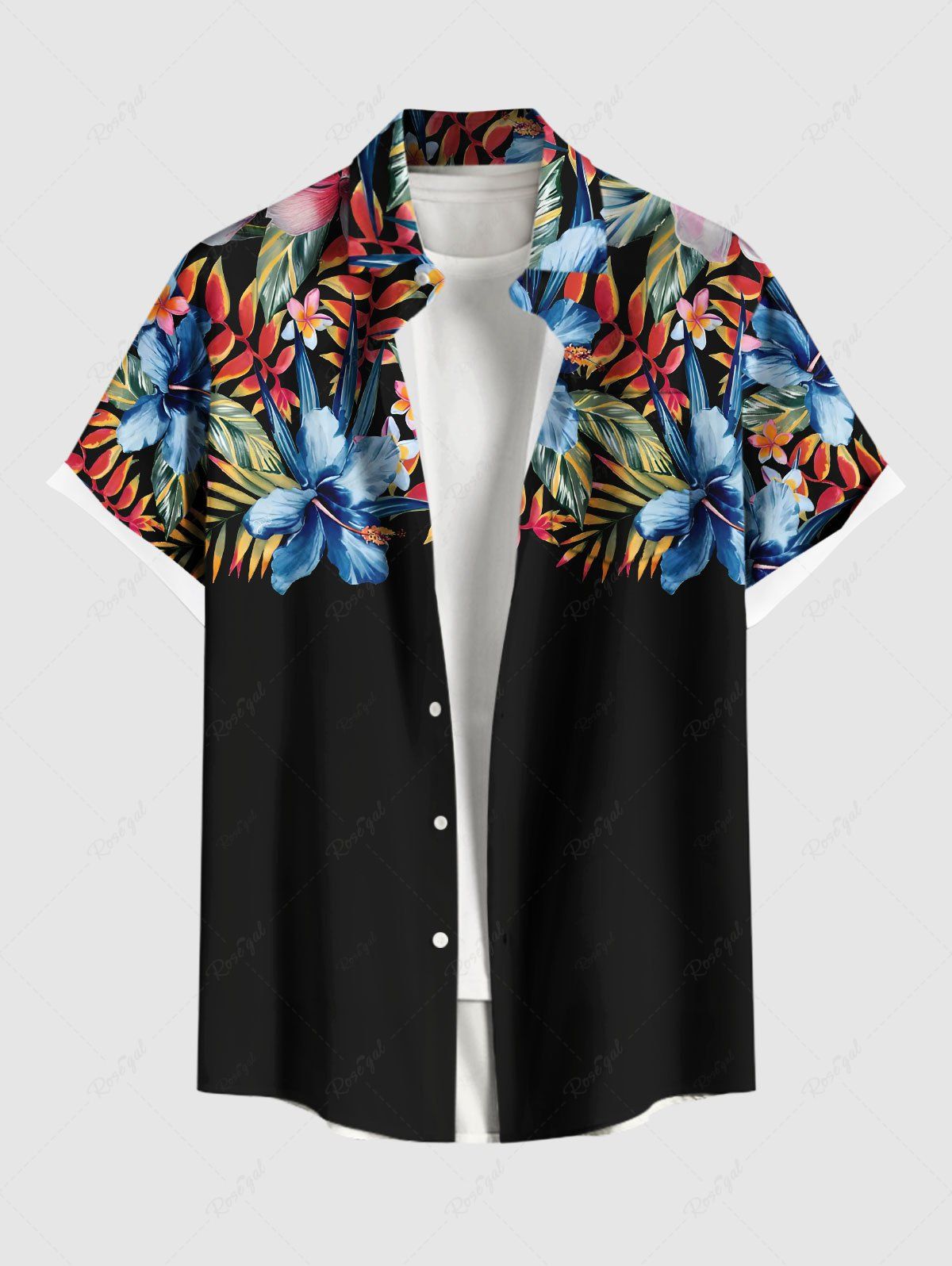 Chemise hawaïenne grande taille à imprimé tropical, fleurs d'hibiscus et feuilles, avec poches et boutons, pour homme Noir L
