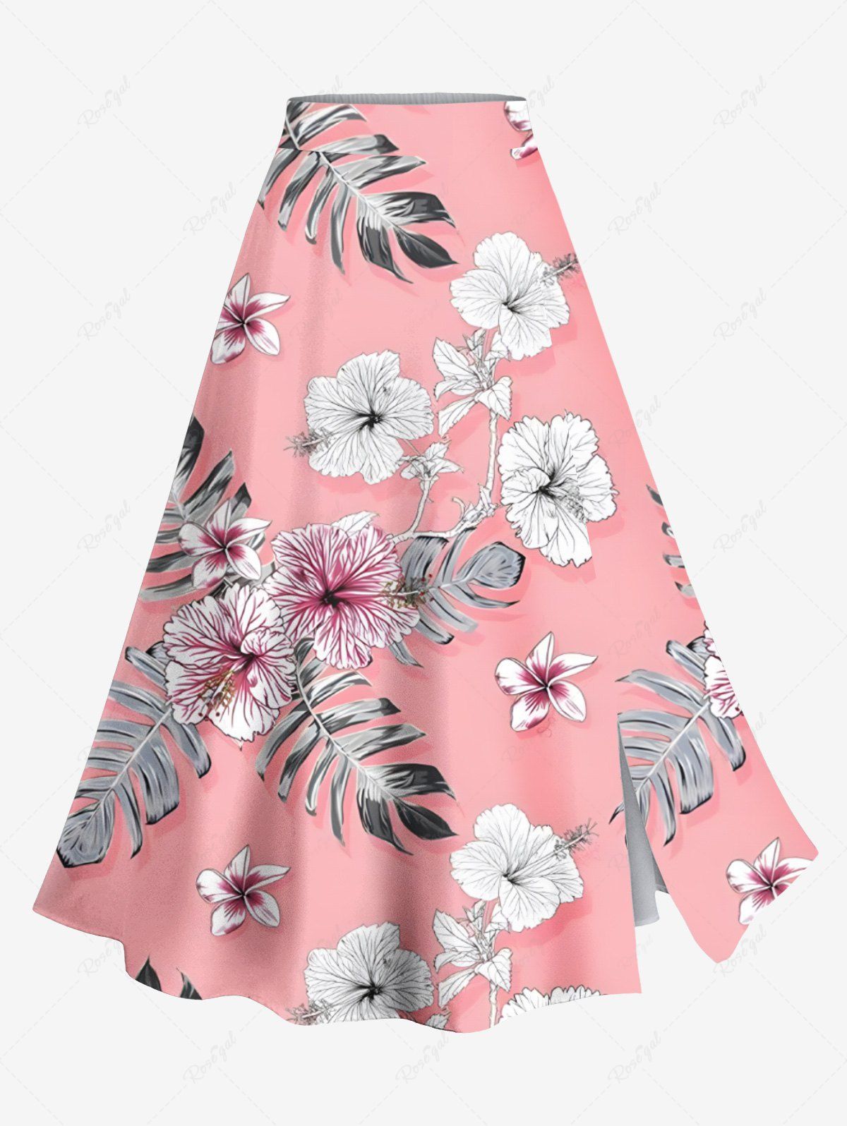 Jupe hawaïenne fendue grande taille à imprimé feuilles tropicales et fleurs d'hibiscus Rose clair 1X