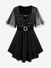 Star Print Chain Panel Belted T-Shirt and Cross Flocking Mesh Patchwork PU Leather Leggings Plus Size Outfit -  