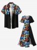 Tenue de plage hawaïenne assortie grande taille à imprimé tropical, fleurs d'hibiscus et feuilles, pour couples - Noir 