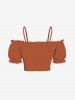Plus Size Cold Shoulder Puff Sleeve Solid Cinched Top -  