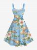 Robe trapèze hawaïenne grande taille à imprimé feuilles tropicales et fleurs d'hibiscus, motif cocotier et paysage marin - Bleu clair XXS