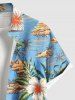 Plus Size Coconut Tree Seascape Tropical Leaf Hibiscus Flower Print Hawaii Button Pocket Shirt For Men -  