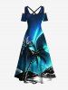 Robe longue hawaïenne grande taille à imprimé cocotiers, mer, montagne, aurore, galaxie, épaules dénudées et croisée - Vert profond 3X