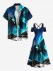 Robe longue hawaïenne grande taille à imprimé cocotiers, mer, montagne, aurore, galaxie, épaules dénudées et croisée - Vert profond 3X