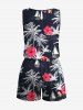 Plus Size Coconut Tree Hibiscus Flower Sea Sailboat Print Hawaii Drawstring Pocket Romper -  