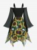 Robe débardeur asymétrique à imprimé tournesols et têtes de mort, lacets, volants, épaules dénudées et manches évasées transparentes - Noir XL