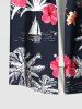 Plus Size Coconut Tree Hibiscus Flower Sea Sailboat Print Hawaii Button Pocket Shirt For Men -  