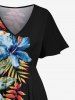 Plus Size Hibiscus Flowers Leaf Tropical Print Split Hawaii Midi Dress -  