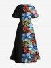 Plus Size Hibiscus Flowers Leaf Tropical Print Split Hawaii Midi Dress -  