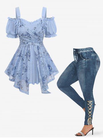 Gilding Rose Flower Lace Overlay Crossover Top and 3D Distressed Ombre Denim Print Leggings Plus Size Outfit - LIGHT BLUE