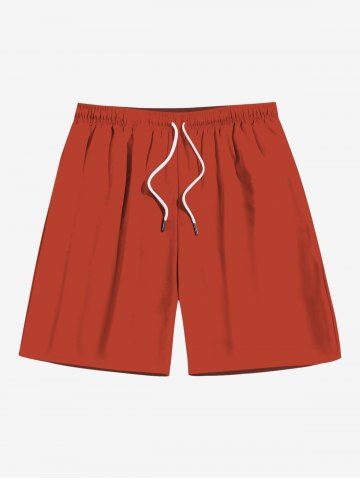 Plus Size Solid Drawstring Pockets Hawaii Beach Shorts For Men - RED - M