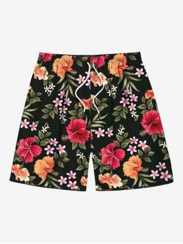 Plus Size Tropical Leaf Hibiscus Flower Print Hawaii Drawstring Pocket Beach Shorts For Men - BLACK - 8XL