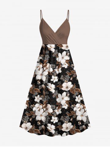 Plus Size Ombre Flower Leaf Print Surplice A Line Cami Dress - COFFEE - XS