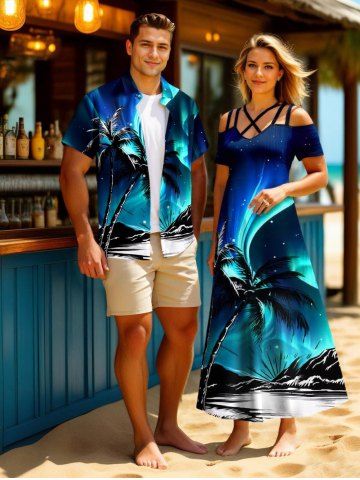 Coconut Tree Sea Mountain Aurora Galaxy Print Plus Size Matching Hawaii Beach Outfit For Couples