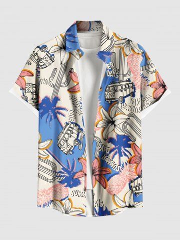 Plus Size Coconut Tree Hibiscus Flower Bus Pineapple Cactus Print Hawaii Button Pocket Shirt For Men - LIGHT COFFEE - 6XL