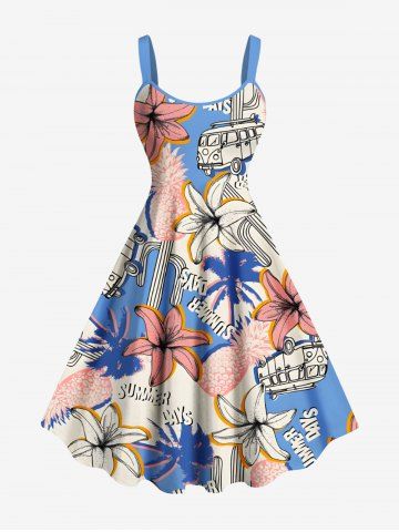 Plus Size Coconut Tree Hibiscus Flower Bus Pineapple Cactus Print Hawaii A Line Tank Dress - LIGHT BLUE - XXS