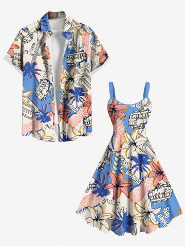 Coconut Tree Hibiscus Flower Bus Pineapple Cactus Print Plus Size Matching Hawaii Beach Outfit For Couples - LIGHT BLUE