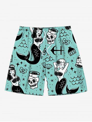 Plus Size Skulls Mermaid Star Anchor Bowknot Print Hawaii Beach Shorts For Men - GREEN - M