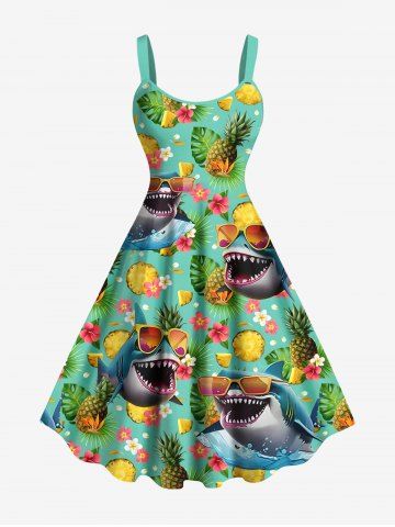 Plus Size Sharks Pineapple Tropical Leaf Flowers Print Hawaii Tank Dress - GREEN - XXS