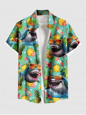 Plus Size Sharks Pineapple Tropical Leaf Flowers Print Buttons Pocket Hawaii Shirt For Men - GREEN - M