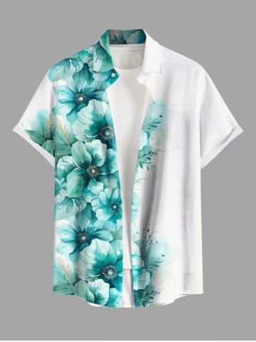 Plus Size Ombre Flowers Leaf Print Buttons Pocket Hawaii Shirt For Men - GREEN - M