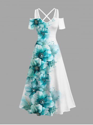 Plus Size Ombre Flowers Leaf Print Cold Shoulder Crisscross Hawaii Maxi Dress - GREEN - M