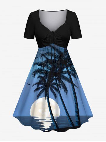 Plus Size Coconut Tree Sun Bird Print Cinched Hawaii Dress - BLUE - 5X
