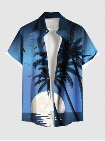 Plus Size Coconut Tree Sun Bird Print Buttons Pocket Hawaii Shirt For Men - BLUE - M