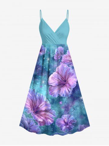 Plus Size Galaxy Tie Dye Hibiscus Flowers Print Surplice Hawaii Cami Dress - SKY BLUE - 2X