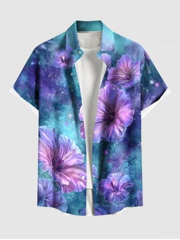 Plus Size Galaxy Tie Dye Hibiscus Flowers Print Buttons Pocket Hawaii Shirt For Men - BLUE - M