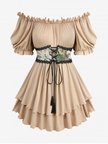 Floral Printed Lace-up Off The Shoulder Top and Hollow Out Crisscross Side Skinny Leggings Plus Size Outfit