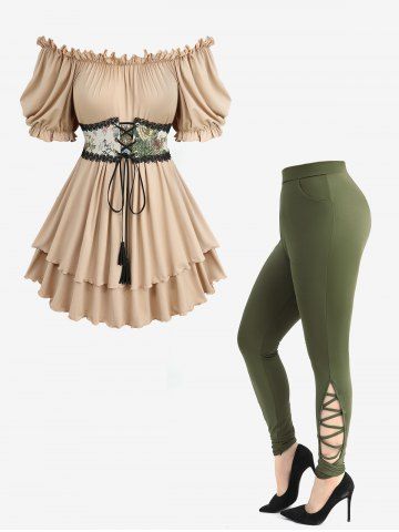 Floral Printed Lace-up Off The Shoulder Top and Hollow Out Crisscross Side Skinny Leggings Plus Size Outfit - LIGHT COFFEE