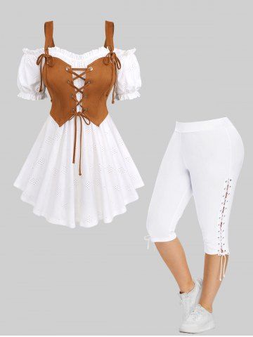 Lace Up Hollow Out Knit Jacquard Cold Shoulder 2 In 1 Top and High Waisted Capri Pants Plus Size Outfit - WHITE