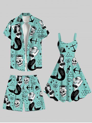 Mermaid Bowknot Skulls Anchor Print Plus Size Matching Hawaii Beach Outfit For Couples - LIGHT GREEN