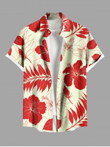Plus Size Hibiscus Flower Leaf Tropical Print Buttons Pocket Hawaii Shirt For Men - RED - M