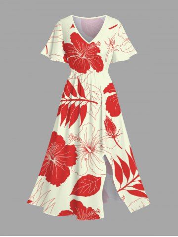 Plus Size Hibiscus Flower Leaf Tropical Print Split Hawaii Midi Dress - RED - XS