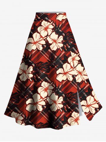 Plus Size Plaid Hibiscus Flower Tropical Leaf Print Split Hawaii Skirt - RED - M