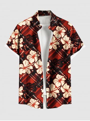 Plus Size Plaid Hibiscus Flower Tropical Leaf Print Buttons Pocket Hawaii Shirt For Men - RED - M