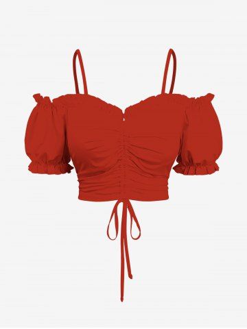 Plus Size Cinched Ruched Ruffles Cold Shoulder Cami Top - RED - 4X