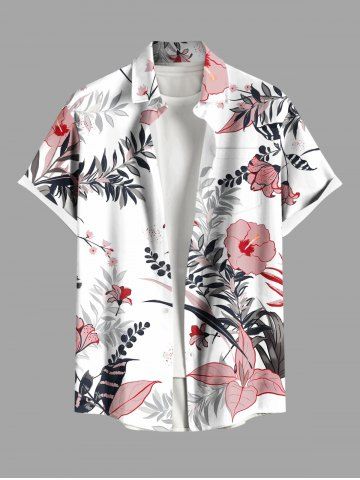 Plus Size Hibiscus Flowers Leaf Print Buttons Pocket Hawaii Shirt For Men - WHITE - M