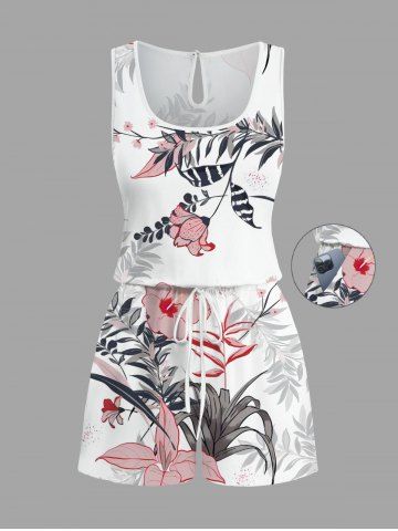 Plus Size Hibiscus Flowers Leaf Print Cinched Hawaii Romper - WHITE - S