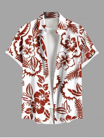 Plus Size Tropical Leaf Hibiscus Flower Print Hawaii Button Pocket Shirt For Men - WHITE - S